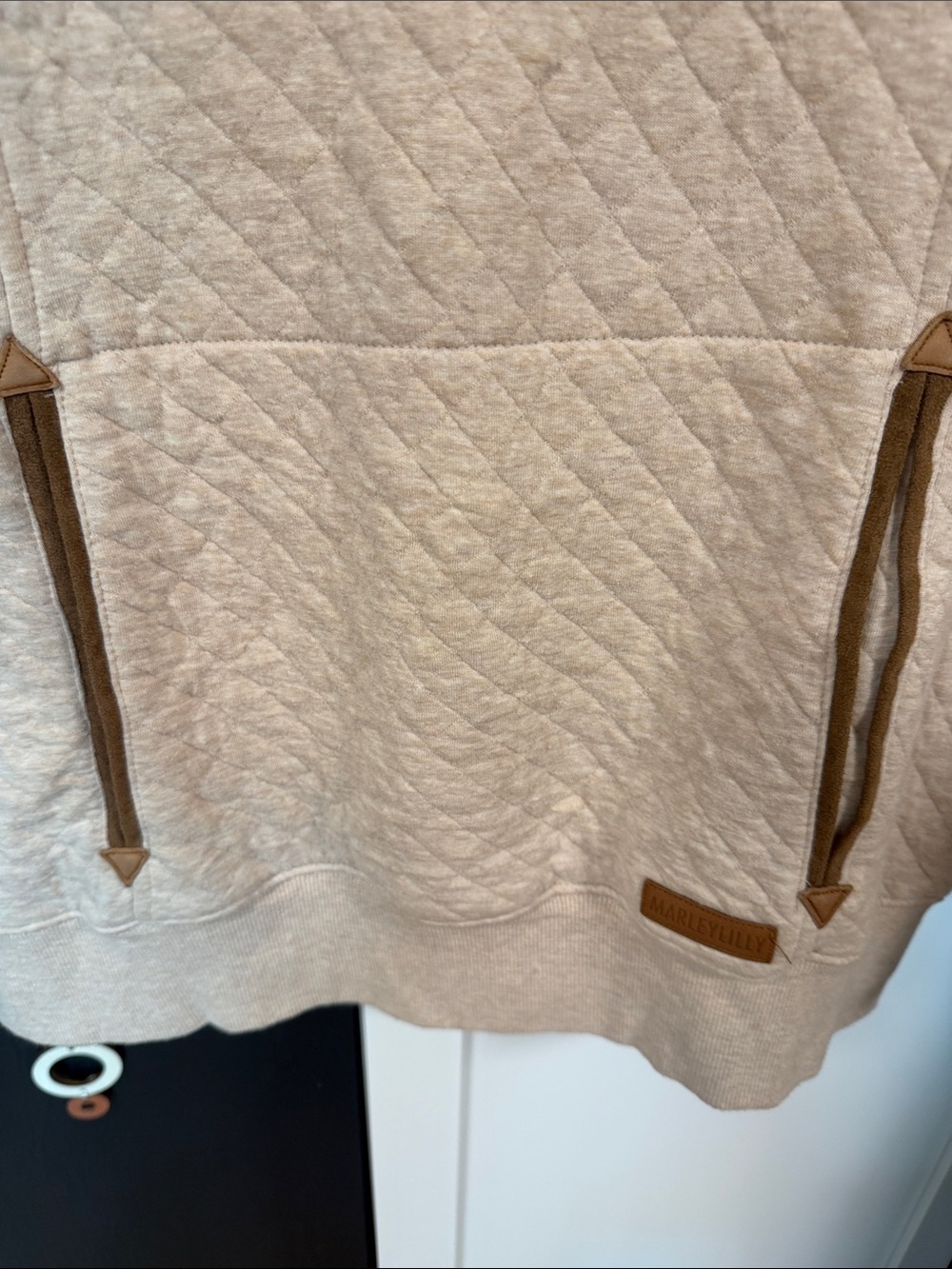 MarleyLilly Quilted Half-Zip Pullover Hoodie in Light Beige - Picture 3 of 8